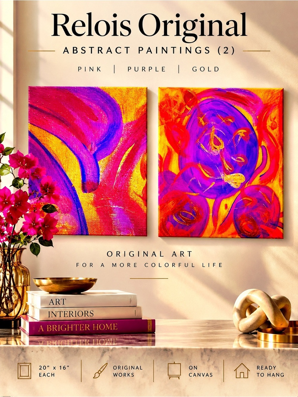 Relois Original Abstract Paintings (2) on Canvas. Pink, Purple, Gold. 20”x16”